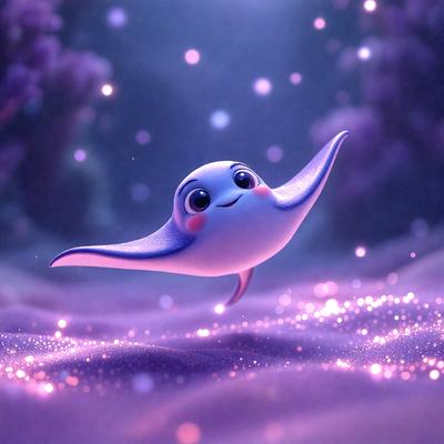 The primary subject of the image is a small, cute, and colorful bird, which appears to be a cartoon or digital illustration. The bird is flying in a purple, pink, and white sky, surrounded by a few trees. The setting is a nighttime scene with a starry background, adding to the overall atmosphere of the image. The visual style is a combination of photo, digital art, and illustration, creating a whimsical and playful mood.